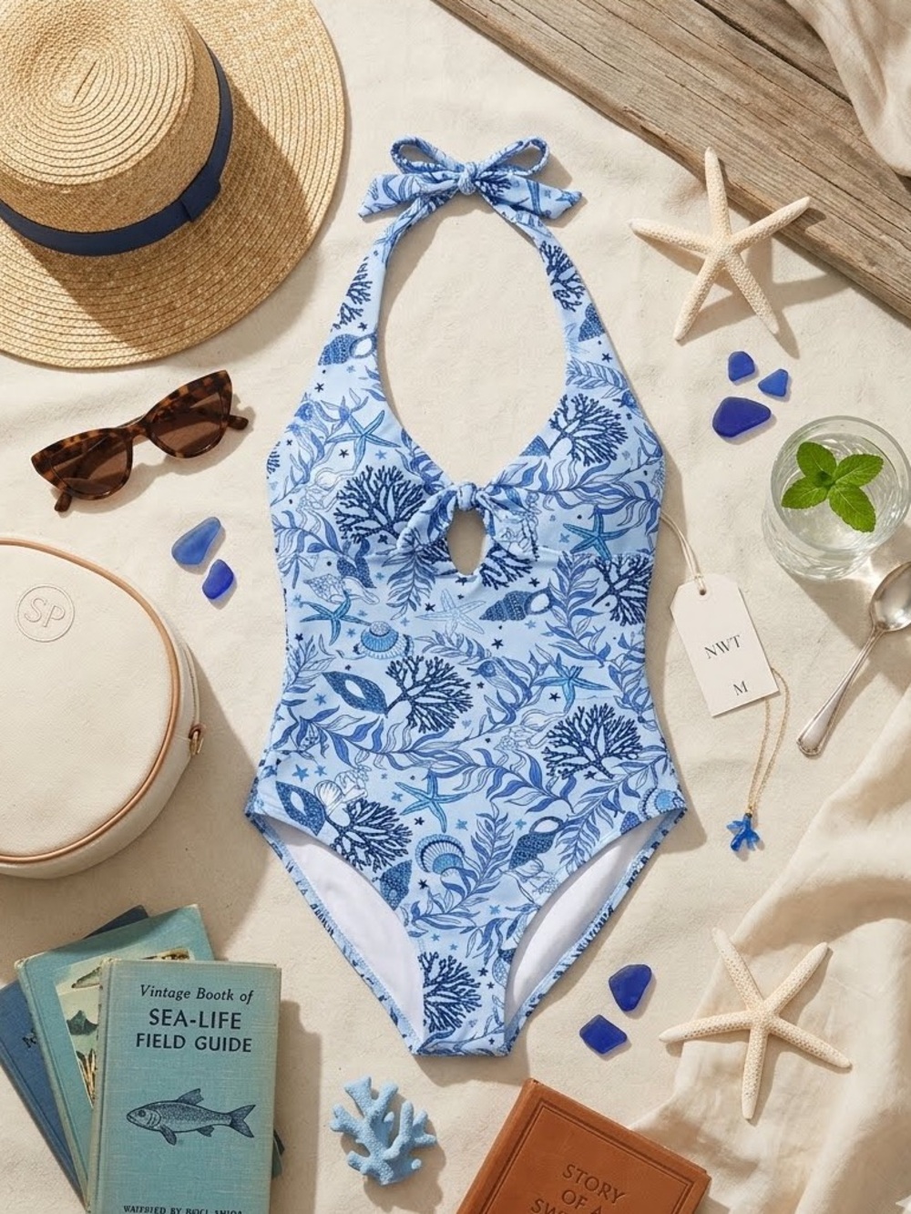 NWT Stella Parker One Piece Halter Swim Suit Tummy Toner Size M Coastal Beach
